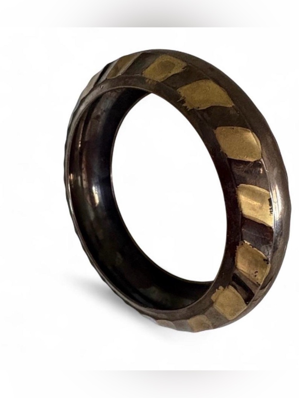 Vintage Bronze & Gold Striped Chunky Bangle Bracelet | 70s 80s Statement Jewelry